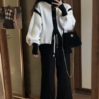 Turtleneck Contrast Trim Cardigan / Slit Wide-leg Pants