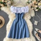 Two-tone Panel Off-shoulder Denim Mini A-line Dress
