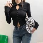 Long-sleeve Collared Cutout Button-up Crop Top