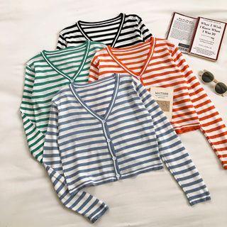 Color-block Striped V-neck Long-sleeve Knit Top
