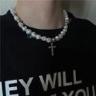 Rhinestone Cross Pendant Faux Pearl Necklace As Shown In Figure - One Size
