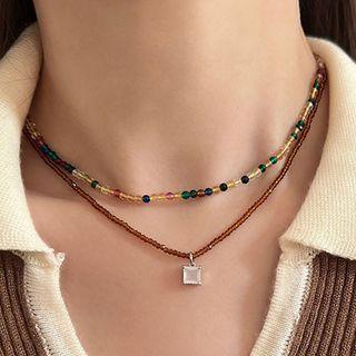 Faux Crystal Pendant Layered Necklace Coffee - One Size
