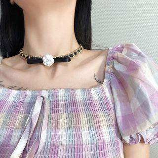 Flower Bow Faux Leather Choker White Rose - Black - One Size