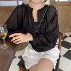 Puff-sleeve V-neck Plain Loose-fit Blouse