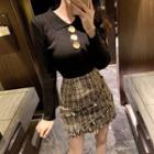 Buttoned V-neck Long-sleeve Slim-fit Top / Tweed Mini Skirt