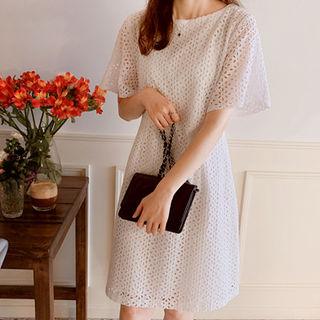 Round-neck Perforated A-line Dress White - One Size