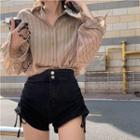 Long-sleeve Striped Loose-fit Shirt / Drawstring Denim Shorts