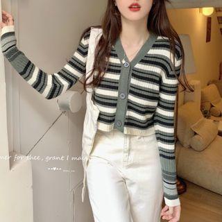 Long-sleeve Color-block Striped Cardigan