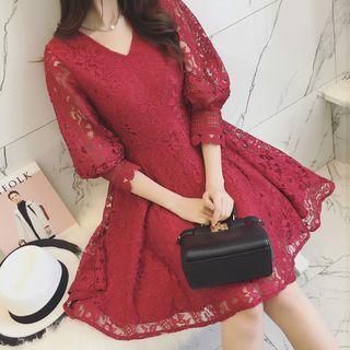 Lace 3/4 Sleeve V-neck A-line Dress
