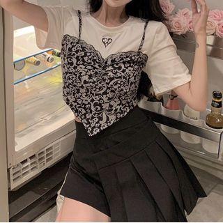 Mock Two-piece Open-back Short-sleeve Top As Shown In Figure - One Size