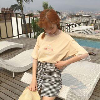 3/4-sleeve Tulle Panel Lettering Top