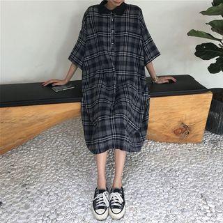 Plaid 3/4-sleeve Collared Midi Dress