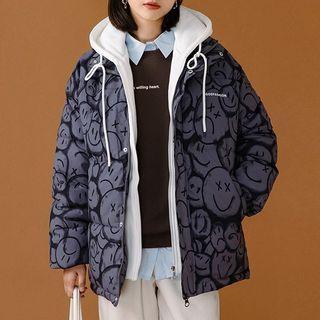 Smiley Face Print Padded Zip Jacket