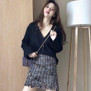 Plain Cardigan / Mini Tweed Skirt