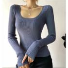 Long Sleeve Square-neck Ribbed-knit Crop Sweater
