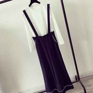 Set: Plain Long-sleeve T-shirt + Wide-leg Suspender Pants