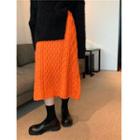 Furry Turtle-neck Loose-fit Sweater / Cable-knit Midi Skirt