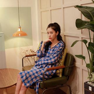 Lace-up Long-sleeve Plaid Shirtdress