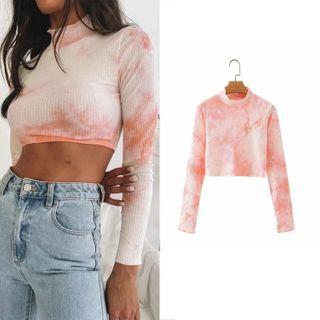 Long-sleeve Tie-dyed Ribbed Cropped T-shirt