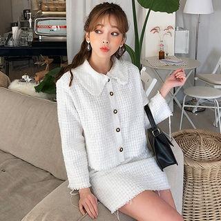 Fringed Tweed Collared Buttoned Jacket