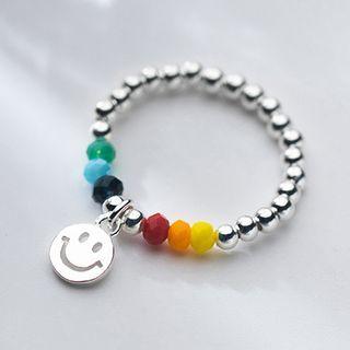 Smiley Rainbow Bead Sterling Silver Open Ring 1 Pc - Silver Smiley Face - Red & Orange & Yellow & Blue - One Size