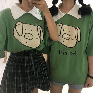 Short-sleeve Pig Print Polo Shirt Green - One Size