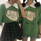 Short-sleeve Pig Print Polo Shirt Green - One Size
