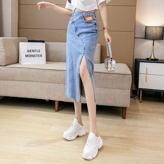 Asymmetrical Washed Slit A-line Denim Skirt