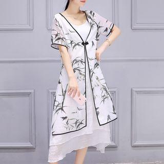 Set: Plain Sleeveless Cheongsam + Printed 3/4 Sleeve Coat