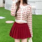 Cropped Pattern Cardigan / Pleated Mini A-line Skirt