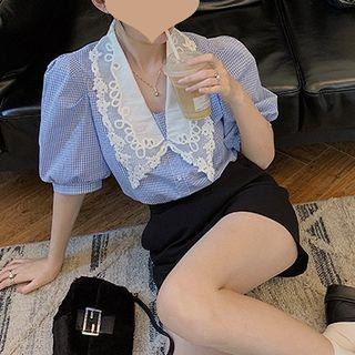 Peter Pan Collar Lace Plaid Blouse / Shorts