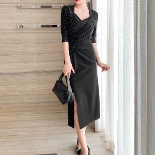 Set: Long-sleeve Rhinestone T-shirt + Slit Midi Pencil Skirt