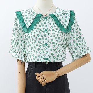 Short-sleeve Collared Floral Print Ruffled Blouse