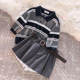 Short-sleeve Striped Polo-shirt / Mock Two-piece Mini Skirt