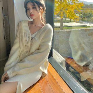 Long-sleeve V Neck Plain Cardigan / Long-sleeve Cutout Cropped Top / Slit Knit Skirt