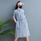 Short-sleeve Midi A-line Denim Dress Denim Blue - One Size