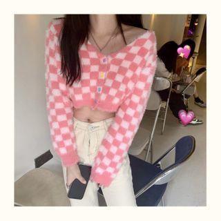 Plaid Cropped Cardigan Pink - One Size