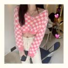 Plaid Cropped Cardigan Pink - One Size