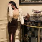 Plain Cardigan / Camisole Top / Midi A-line Skirt