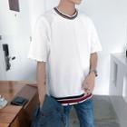 Contrast Trim Ripped Collar Elbow-sleeve T-shirt
