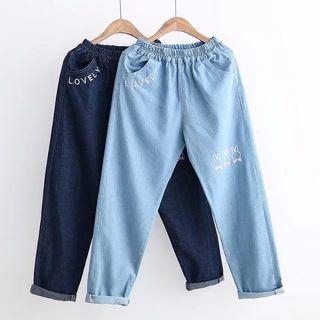 Rabbit Embroidered Straight Cut Jeans