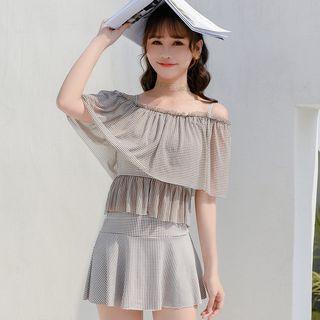 Set: Elbow-sleeve Cold Shoulder Ruffled Swim Top + Swim Skirt