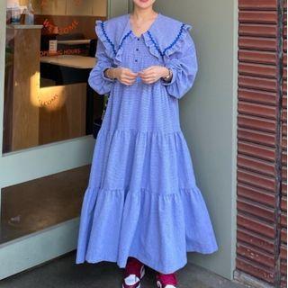 Long-sleeve Plaid Tiered Midi A-line Dress