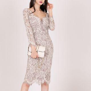 Square-neck Long-sleeve Lace Sheath Dress