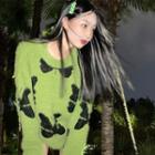 Butterfly Print Sweater Green - One Size