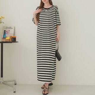 Elbow-sleeve Stripe Maxi T-shirt Dress
