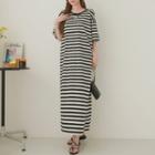 Elbow-sleeve Stripe Maxi T-shirt Dress