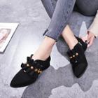 Genuine Leather Embellished Ruffle Trim Pointed Block Heel Pumps