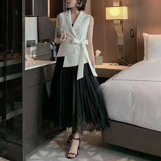 Set: Side-tie Asymmetric Vest + A-line Midi Mesh Skirt