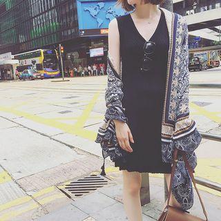 Patterned Shawl Flower - Navy Blue - One Size